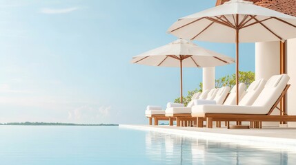 Obraz premium insurance premium travel concept, A tranquil poolside scene featuring elegant lounge chairs and umbrellas under a clear blue sky, perfect for relaxation and leisure.