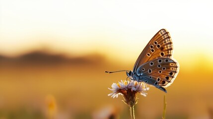 Obraz premium A butterfly perched on a flower against a soft, golden sunset backdrop, showcasing nature's beauty and tranquility.