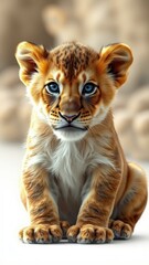Obraz premium Young lion cub sitting with a curious expression in a soft, neutral background during daylight hours