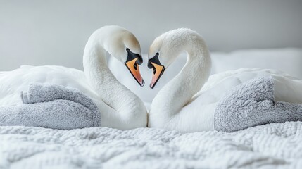 Obraz premium two beautiful swans forming a heart shape with their necks resting on a soft, cozy blanket in a serene setting