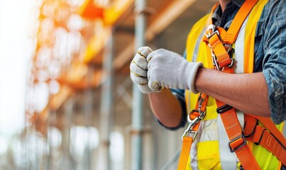 A construction worker adjusts his safety harness while preparing for work on a building site, showcasing safety gear and a busy construction background.