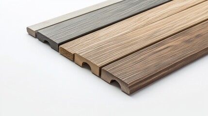 Polymer terrace boards in various colors arranged on a white background showcasing durability and design versatility for outdoor spaces