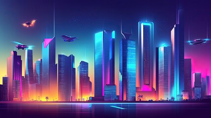 Futuristic cityscape at night with flying vehicles.