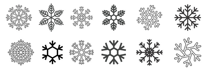  Snowflake icons set. Winter snowflake silhouette collection for design Christmas and New Year greeting cards and banners. Holiday decoration