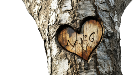 Heart carved in tree trunk with initials and transparent background