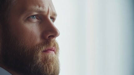Obraz premium Confident businessman with beard contemplating in front of window natural light portrait on white background