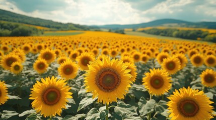 Obraz premium Aerial view of vibrant sunflower fields in bloom under a sunny sky showcasing natural beauty and agricultural landscapes.