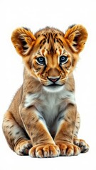 Obraz premium Young tiger cub with striking blue eyes sits calmly on a white background showcasing its playful innocence and natural beauty