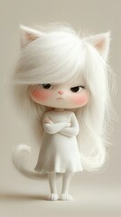 Fototapeta premium Adorable cartoon-style white cat character with long fluffy hair, wearing a white dress and crossing its arms with a grumpy expression, set against a neutral background, AI