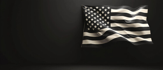 A stylized American flag in black and white, set against a dark background, symbolizing patriotism and unity.