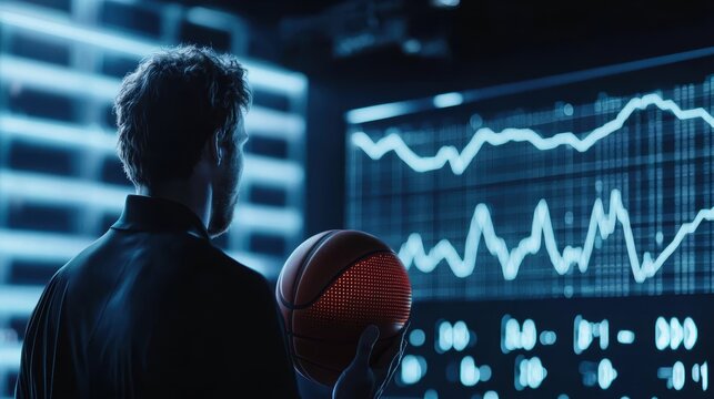 A person stands with a basketball, gazing at digital screens displaying data and analytics, merging sports with technology.