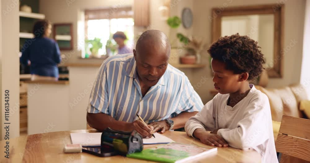 Poster father, boy and help with homework in home for education, learning and support with care. black fami