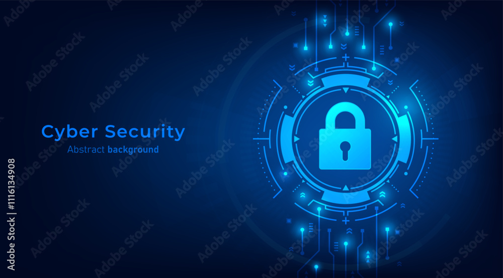 Poster Concept of cybersecurity and network protection. Padlock on frames HUD futuristic style on a dark blue background. Secure technology. Vector illustration.