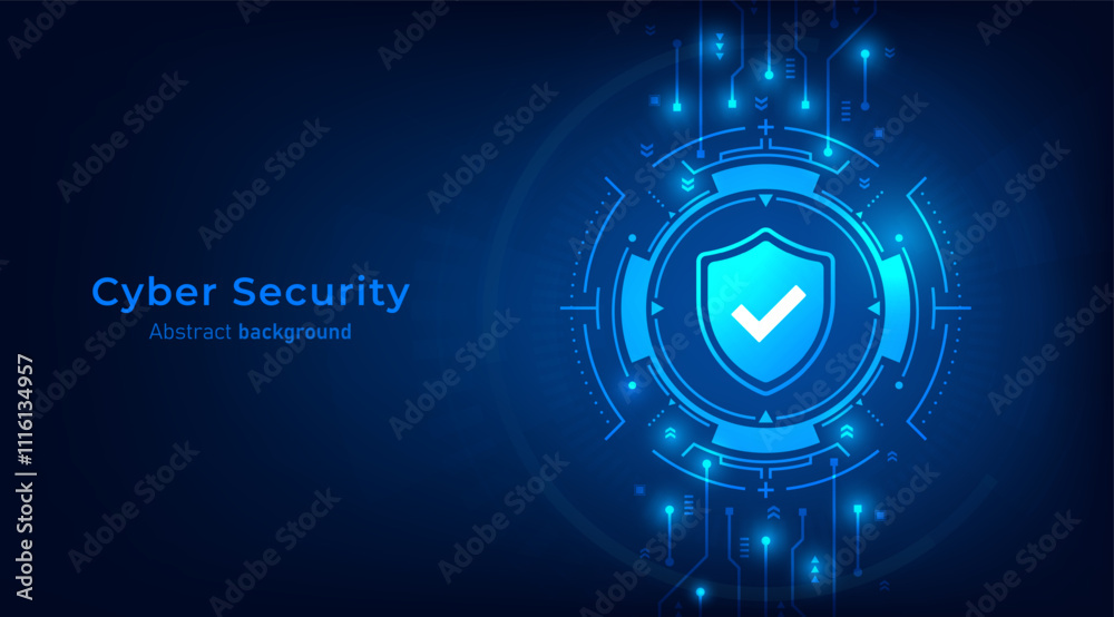 Aufkleber Concept of cybersecurity and network protection. Shield with Check mark icon on frames HUD futuristic style on a dark blue background. Secure technology. Vector illustration.
