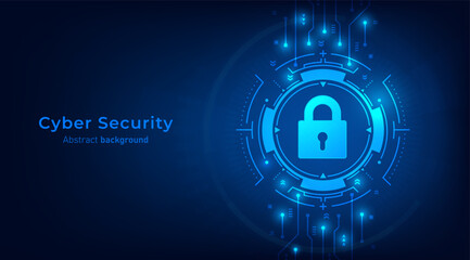 Concept of cybersecurity and network protection. Padlock on frames HUD futuristic style on a dark blue background. Secure technology. Vector illustration.