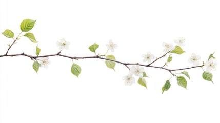 Obraz premium Blossoming linden twig featuring delicate white flowers and vibrant green leaves, isolated on a clean white background, botanical, floral design, nature, spring.