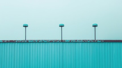 Naklejka premium Installation of modern light fixtures on a teal steel roof in a minimalistic industrial setting