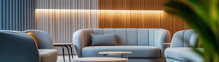 Fototapeta premium Employee lounge with soft textures, soothing lighting, and comfortable furniture, designed for relaxation and wellness, wellness office