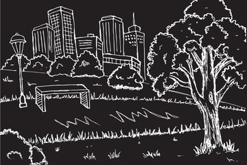 hand drawn graphic white black Urban Nature, Green Trees and Shrubs in City Environment. black background illustration