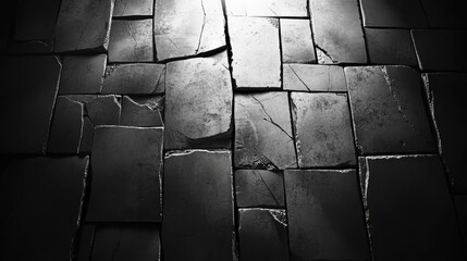 Black and White Texture of Broken Marble Tiles Creating an Artistic Wall Decoration Pattern