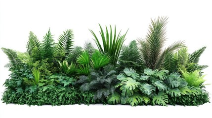 Obraz premium Lush tropical plant arrangement featuring diverse ferns and foliage isolated on white background ideal for design or botanical use