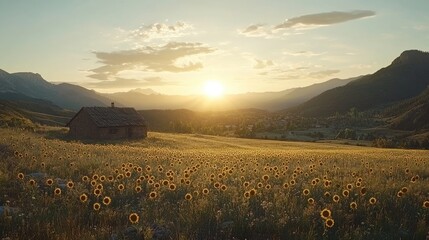 Fototapeta premium Sunset over blooming sunflower field with rustic farmhouse in serene mountain landscape