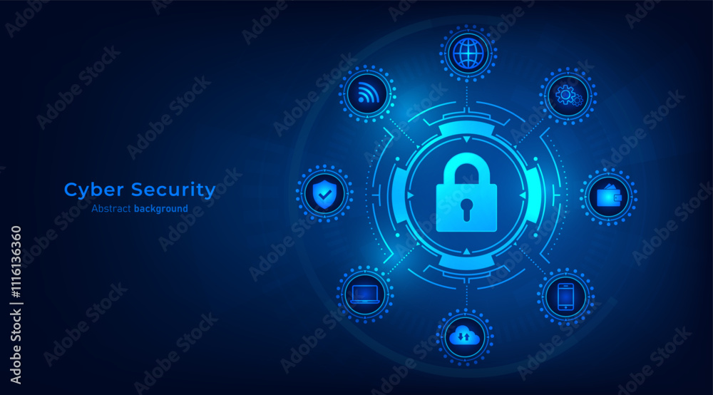 Aufkleber Concept of cybersecurity and network protection. Padlock with data icon on frames HUD futuristic style on a dark blue background. Secure technology. Vector illustration.