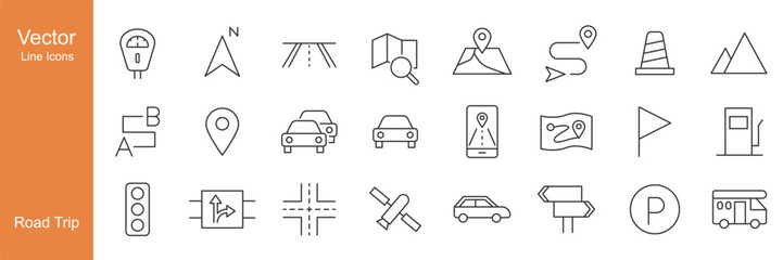 Road Trip Icons - Vector Line. Editable Stroke.