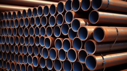 Compact arrangement of industrial steel pipes in a warehouse showcasing their uniformity and structure for construction and manufacturing use