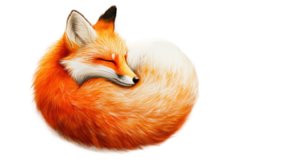 Red fox sleeping peacefully with tail wrapped around body on transparent background