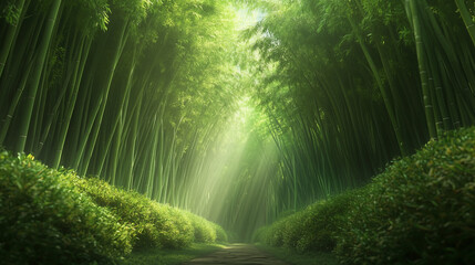 Obraz premium Peaceful Bamboo Pathway Illuminated by Sunlight 