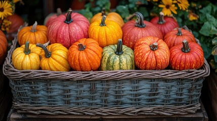 Vibrant assortment of fresh pumpkins in a rustic wicker basket, featuring various shapes and colors, surrounded by greenery and flowers, harvest, agriculture, seasonal decor.