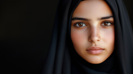 Naklejka premium Young Woman in Black Hijab: A Moment of Grace and Poise This close-up portrait features a young woman in a black hijab, exuding quiet confidence and grace. The rich, dark tones of