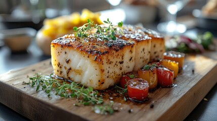 Close-up of a beautifully presented grilled fish fillet garnished with fresh herbs, surrounded by colorful roasted cherry tomatoes on a textured wooden serving board, food, culinary, gourmet dish.