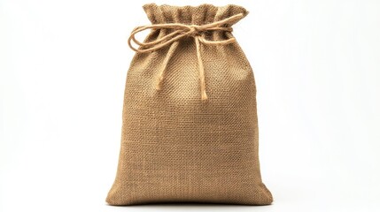Burlap textile sack on a white background, front view, featuring drawstring closure and natural texture, ideal for packaging mockups, branding, eco-friendly design, rustic style.