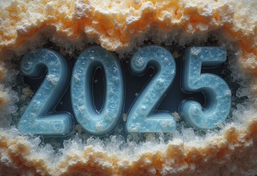 2025 glowing in neon on a guarded gate at night with a foggy, ominous atmosphere