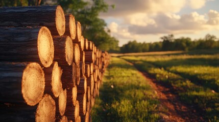 Scenic view of stacked birch logs alongside a peaceful dirt path in a lush green landscape under a vibrant sunset sky