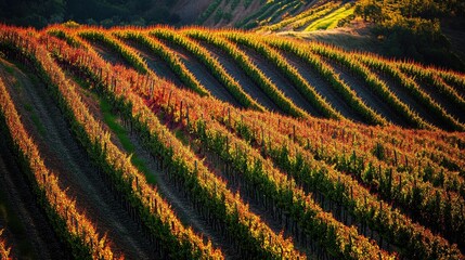 Fototapeta premium Vibrant vineyard landscape showcasing lush grapevines in summer light before harvest season with colorful foliage patterns.