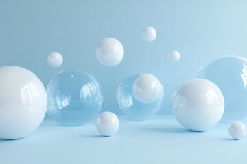 Abstract minimalistic white and blue glossy ball spheres floating geometric background, 3D Illustration