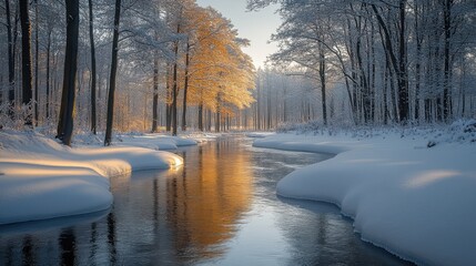 Dappled sunlight highlights a tranquil river in a snowy winter forest, where tranquility meets the pristine beauty of the season.