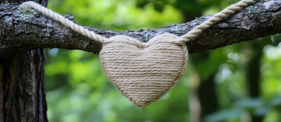 Rope Heart Hanging on Tree Symbolizing Affection and Love in a Natural Setting