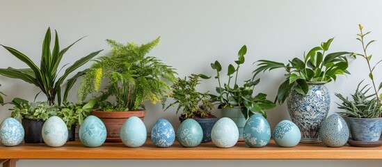 Decorative collection of creatively painted eggs displayed on a wooden shelf surrounded by vibrant indoor plants and unique potted planters