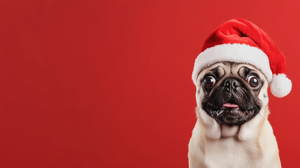 Pug Dog in Red Christmas Hat: Capturing the Spirit of the Holidays A cute pug dog, wearing a fluffy...