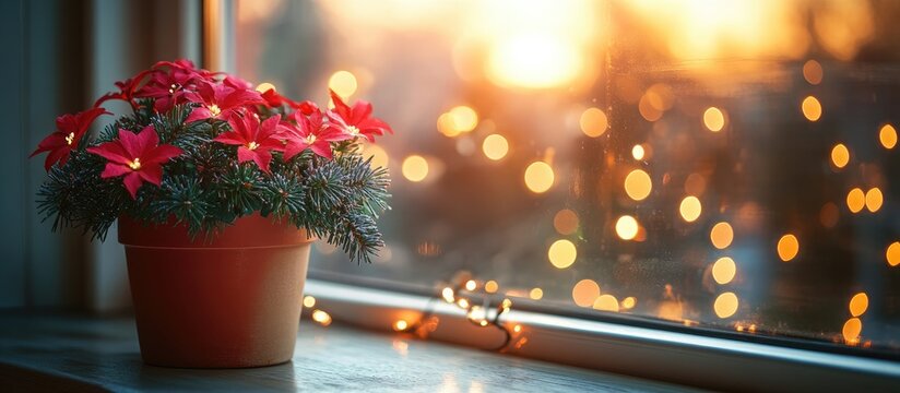 Stromanta plant in beige pot on a windowsill with red bucket and festive lights at sunset creating a warm atmospheric scene