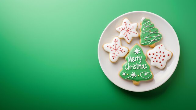 Christmas Tree Cookies with "Merry Christmas" Message: Perfect for Holiday Invitations or Promotions A plate of beautifully decorated Christmas tree-shaped cookies sits against a c
