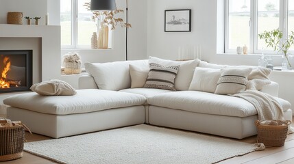 Fototapeta premium Relaxing Modern Sectional Sofa in a Bright Living Room with Fireplace and Natural Decor