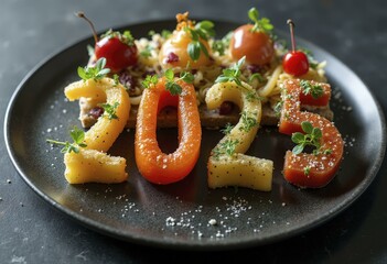 2025 formed from roasted vegetables and microgreens on an elegant gourmet dish
