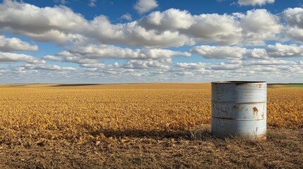 Obraz premium Rusty water tower on a farm in golden fields under a vast blue sky filled with fluffy white clouds, rural landscape, agriculture, serene environment.