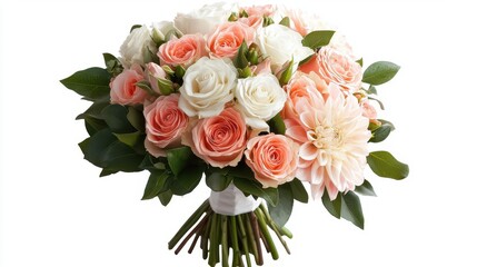 Isolated bouquet of ivory roses and peach dahlias, creating an elegant and charming wedding bouquet