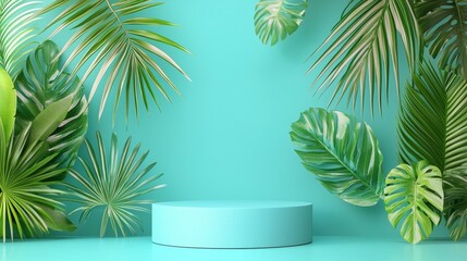 Fototapeta premium Tropical green leaves with an empty turquoise pedestal